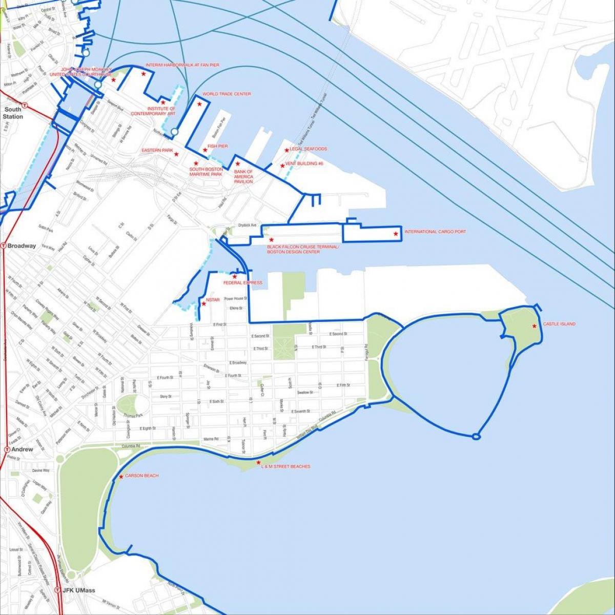 rozrywki harborwalk Bostonie mapie